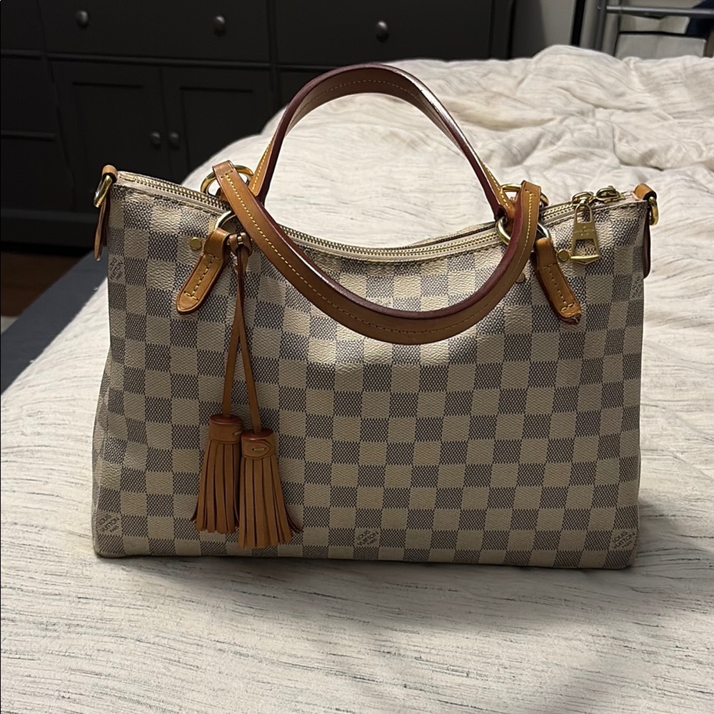 Louis Vuitton Tan and Brown Satchel with Gold Hardware